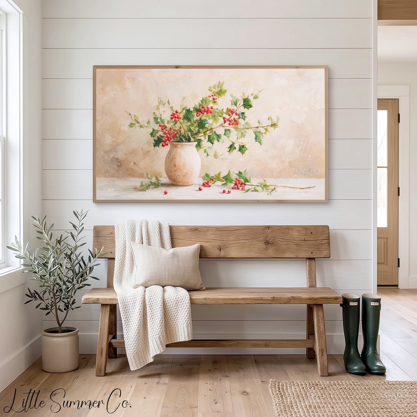 Holly Branches in Vase Frame TV Art displayed on a TV