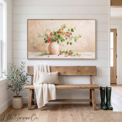 Holly Branches in Vase Frame TV Art displayed on a TV