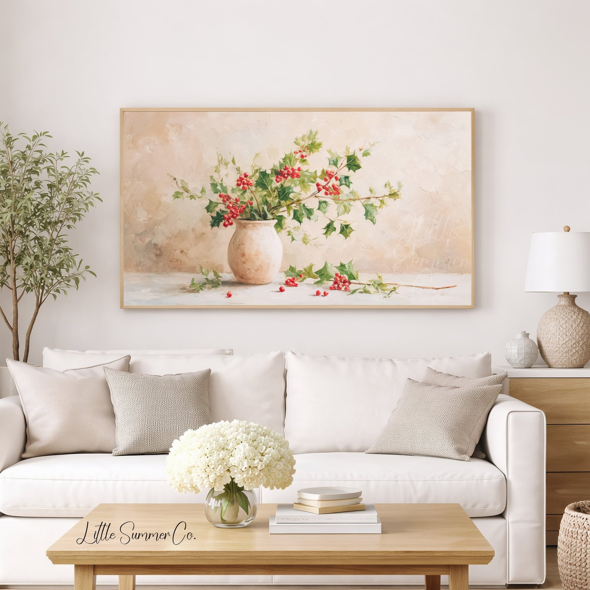 Holly Branches in Vase Frame TV Art displayed on a TV
