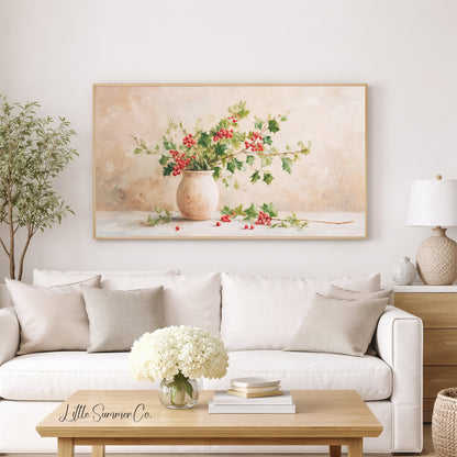 Holly Branches in Vase Frame TV Art displayed on a TV