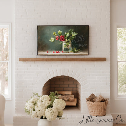 Holly Sprig in Glass Jar Frame TV Art displayed on a TV
