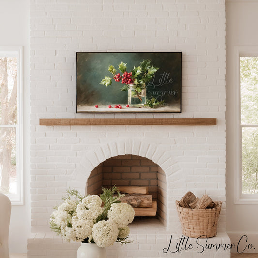 Holly Sprig in Glass Jar Frame TV Art displayed on a TV