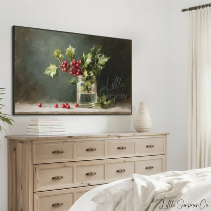 Holly Sprig in Glass Jar Frame TV Art displayed on a TV
