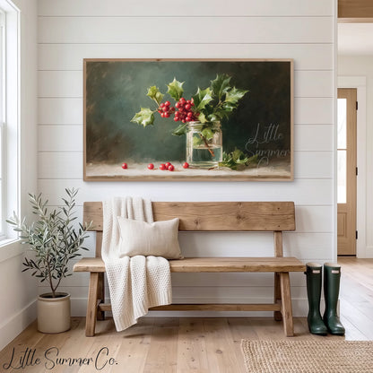 Holly Sprig in Glass Jar Frame TV Art displayed on a TV