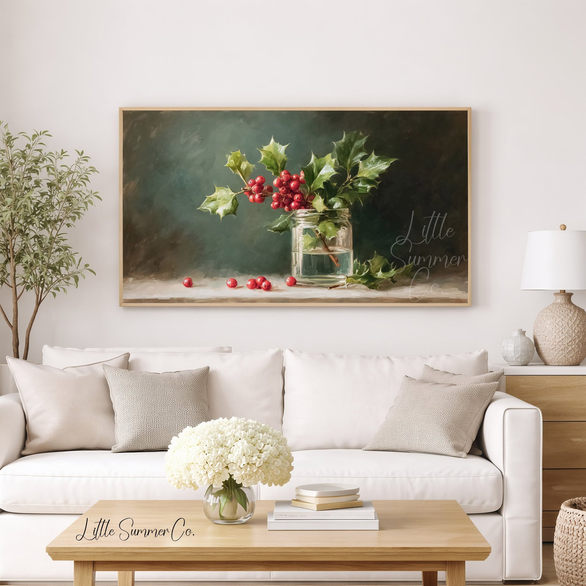 Holly Sprig in Glass Jar Frame TV Art displayed on a TV