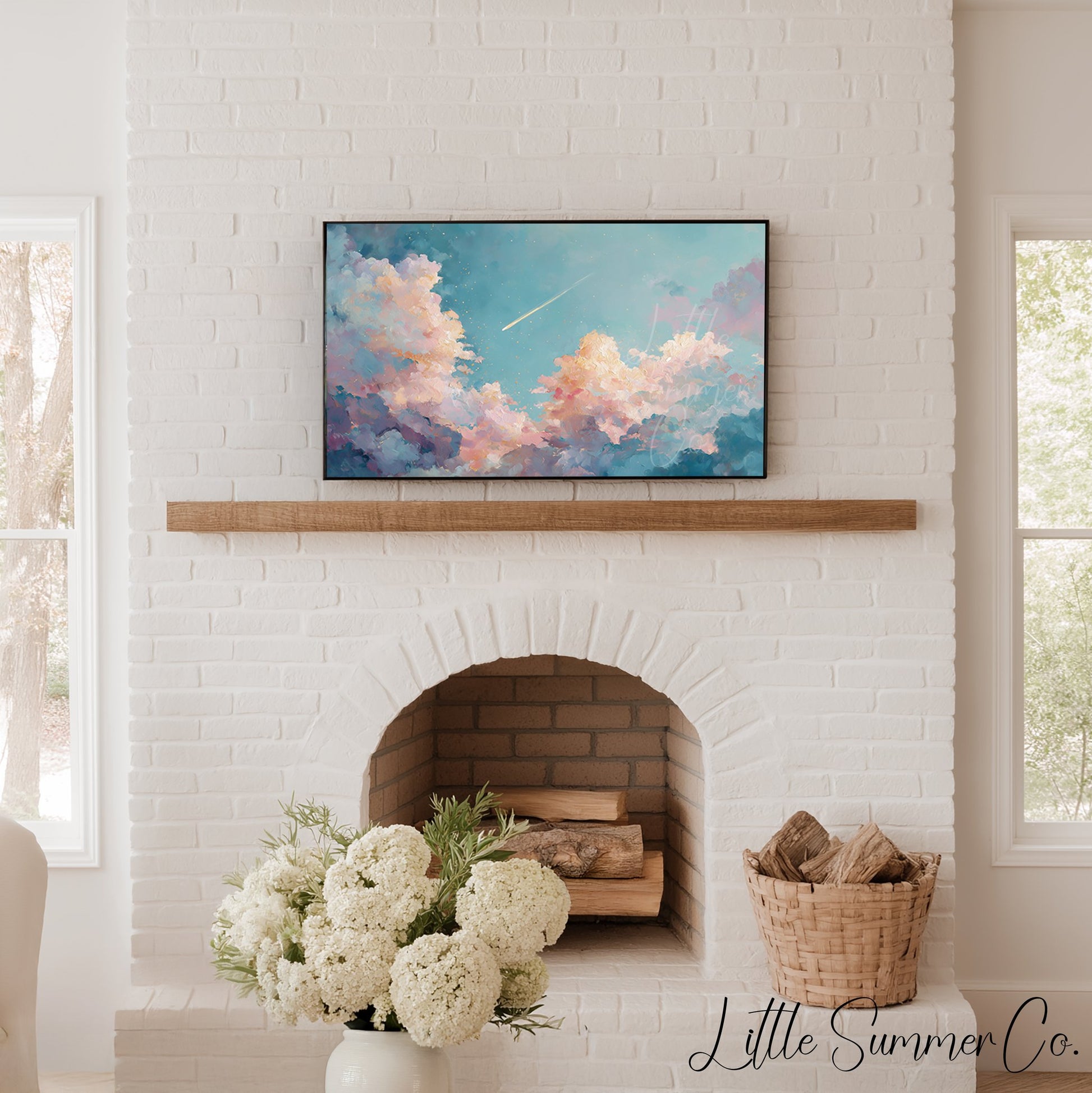 Shooting Star Pastel Clouds Frame TV Art displayed on a TV