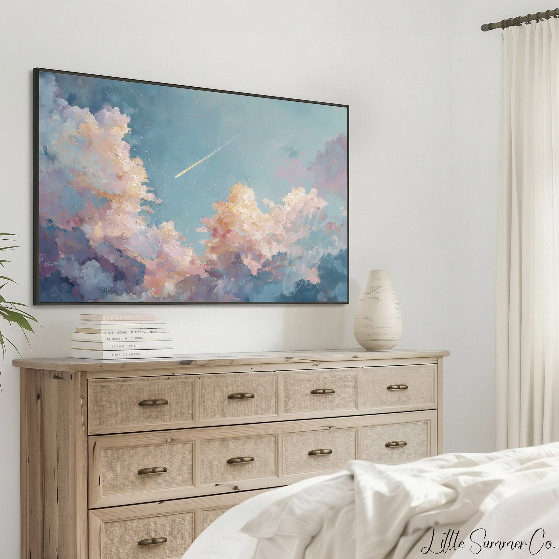 Shooting Star Pastel Clouds Frame TV Art displayed on a TV