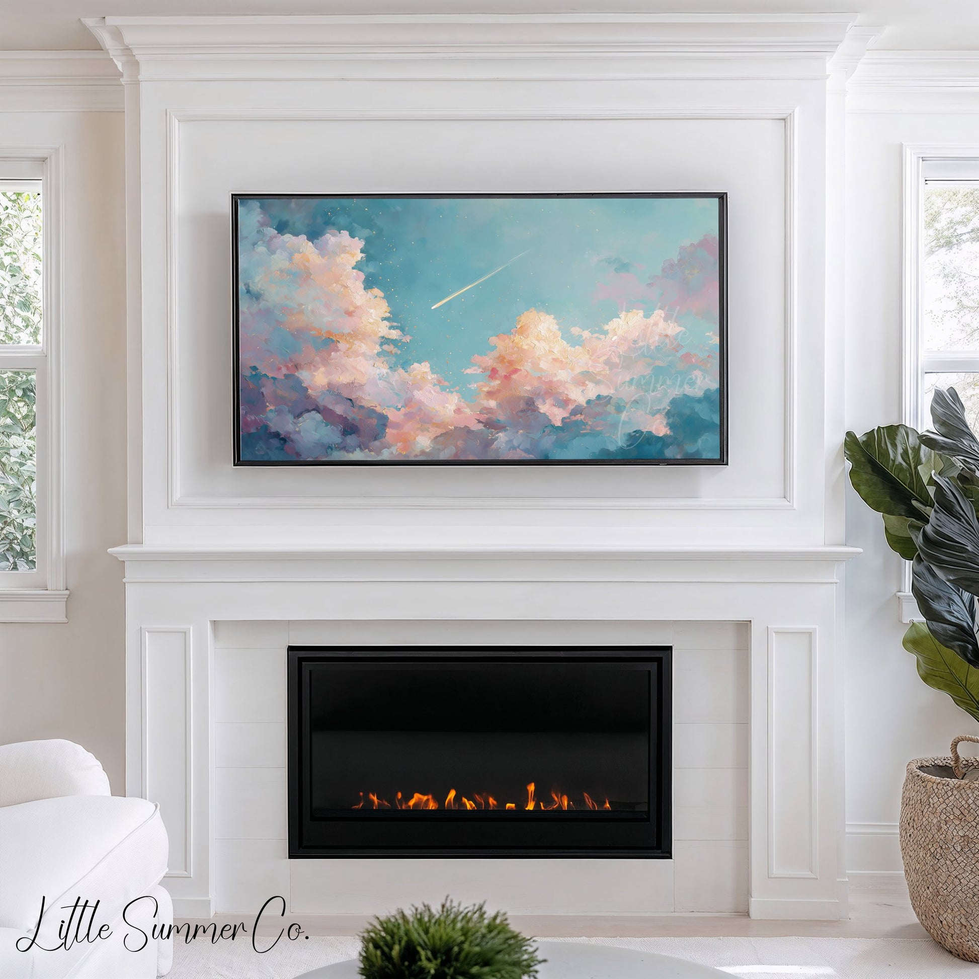 Shooting Star Pastel Clouds Frame TV Art displayed on a TV