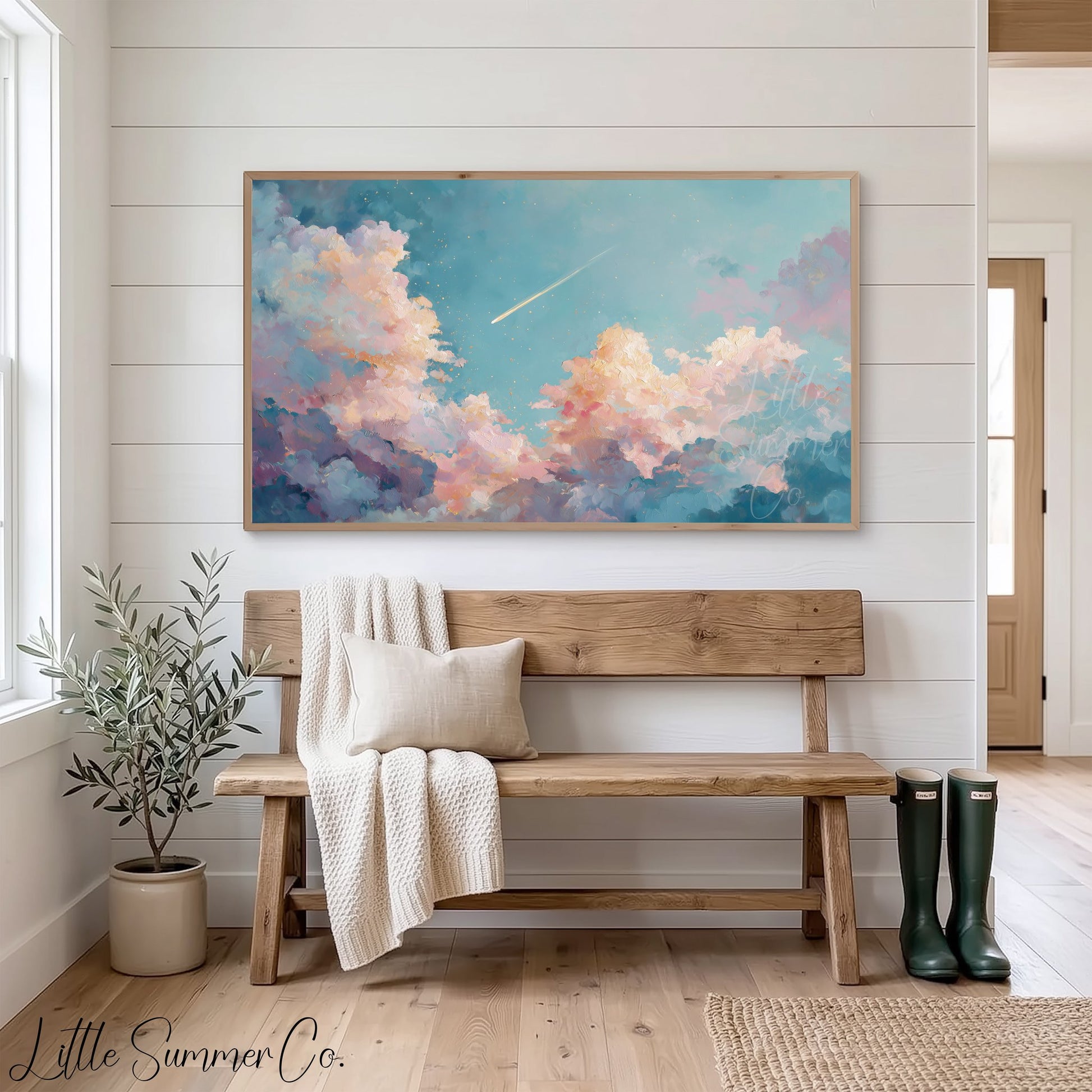 Shooting Star Pastel Clouds Frame TV Art displayed on a TV