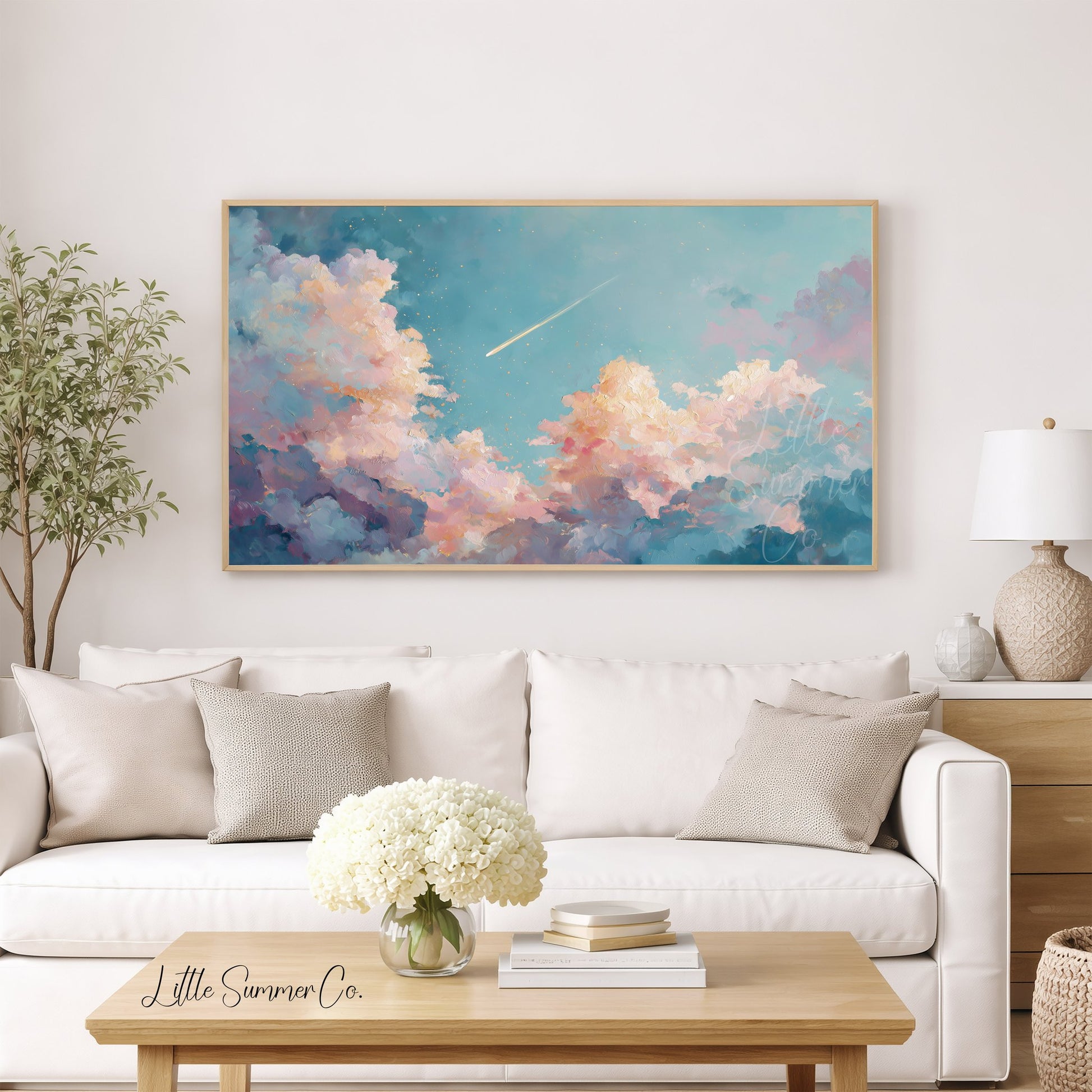 Shooting Star Pastel Clouds Frame TV Art displayed on a TV
