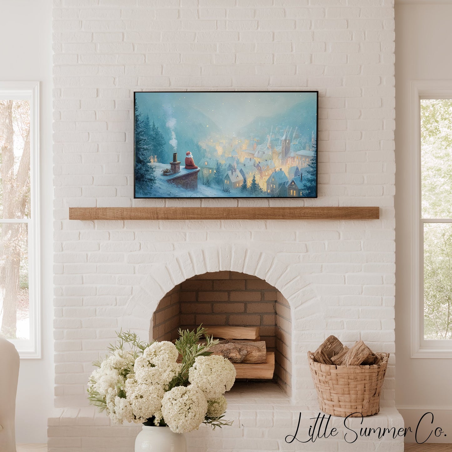 Santa on Rooftop Snowy Village Frame TV Art displayed on a TV