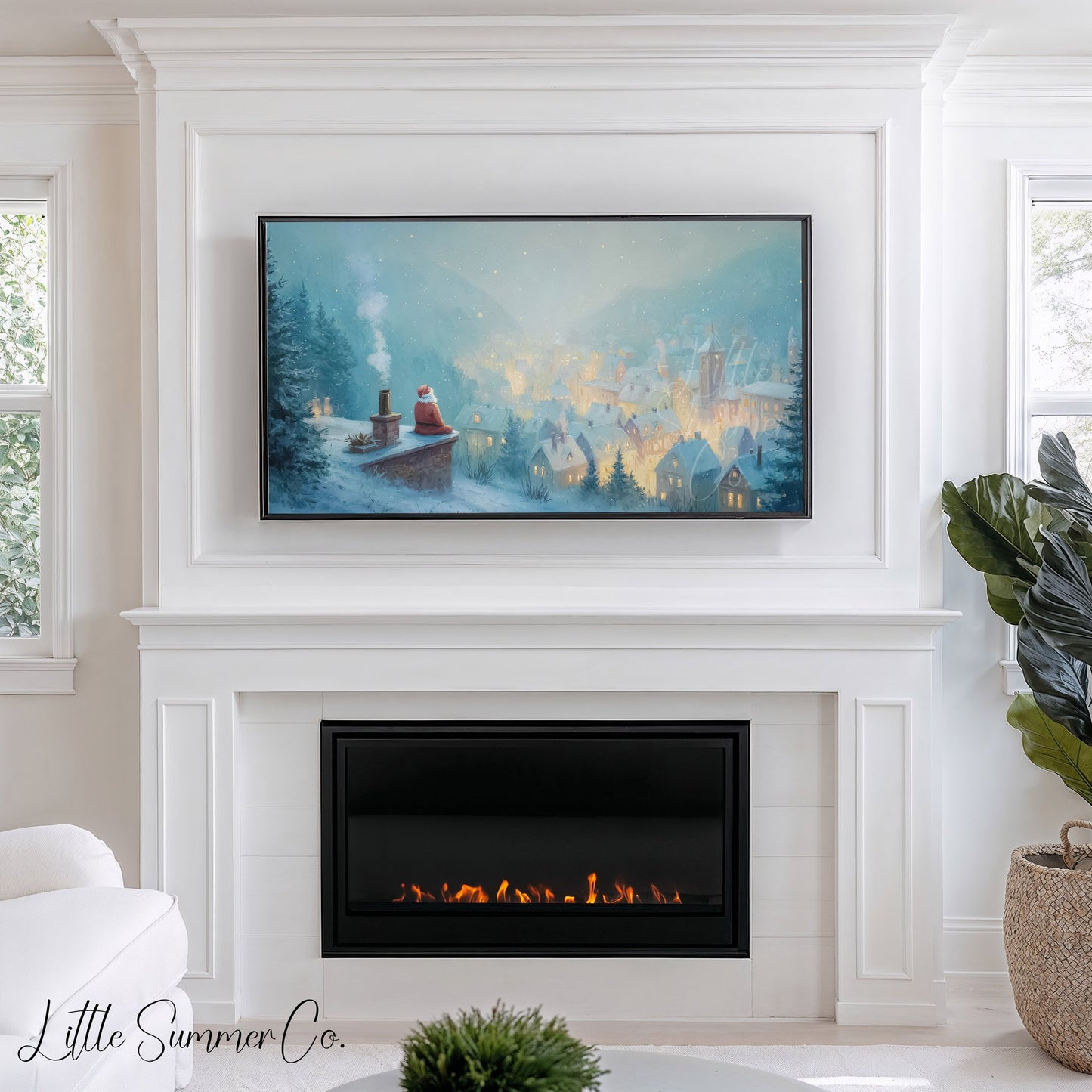 Santa on Rooftop Snowy Village Frame TV Art displayed on a TV
