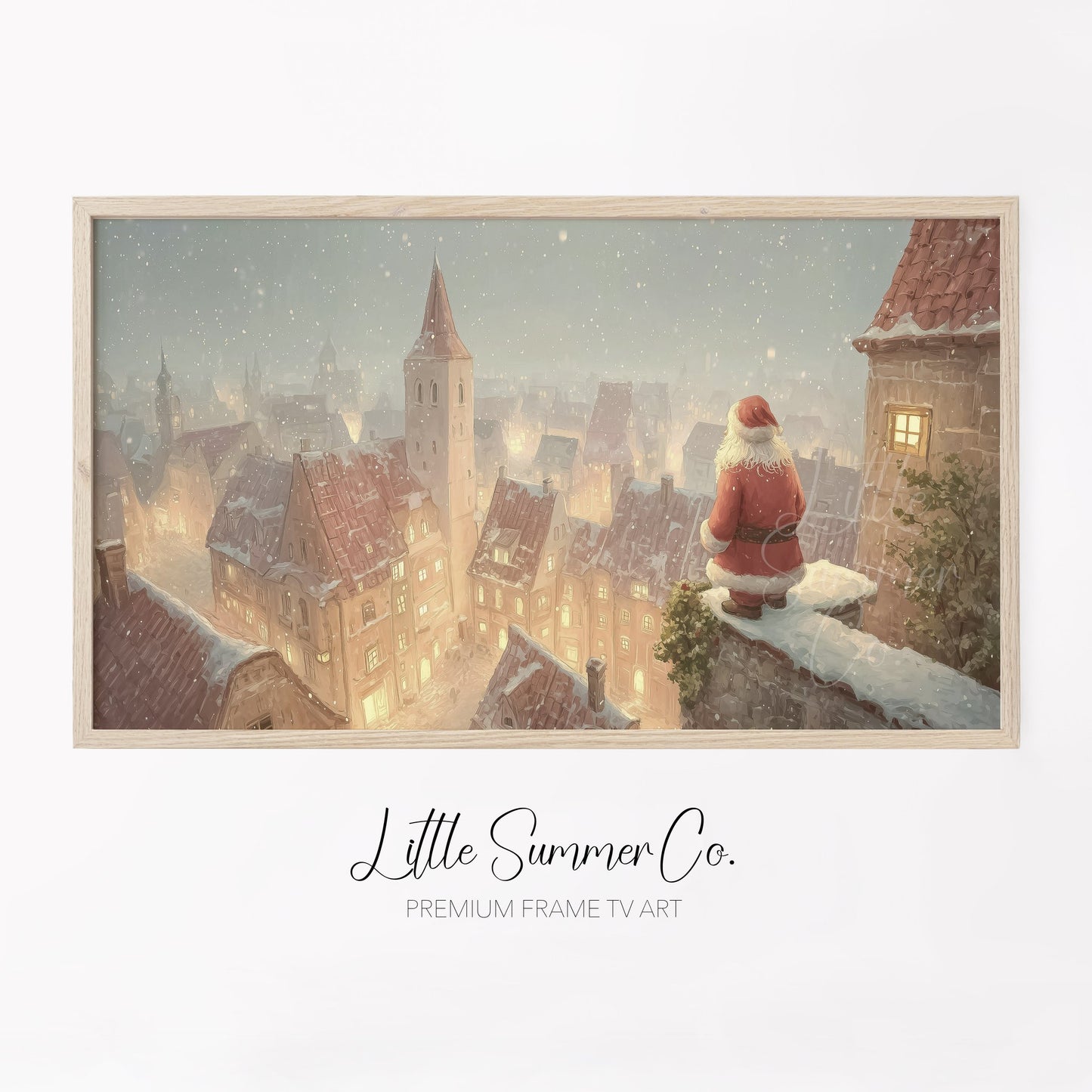 Santa Over Snowy Town Frame TV Art displayed on a TV