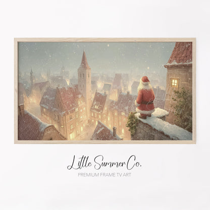 Santa Over Snowy Town Frame TV Art displayed on a TV