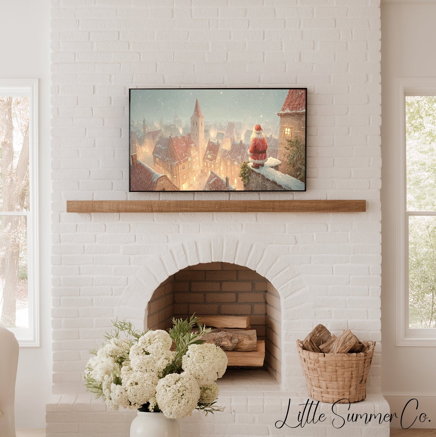 Santa Over Snowy Town Frame TV Art displayed on a TV