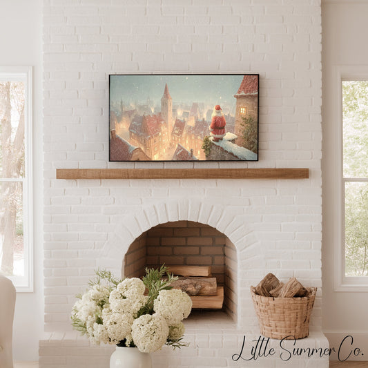 Santa Over Snowy Town Frame TV Art displayed on a TV