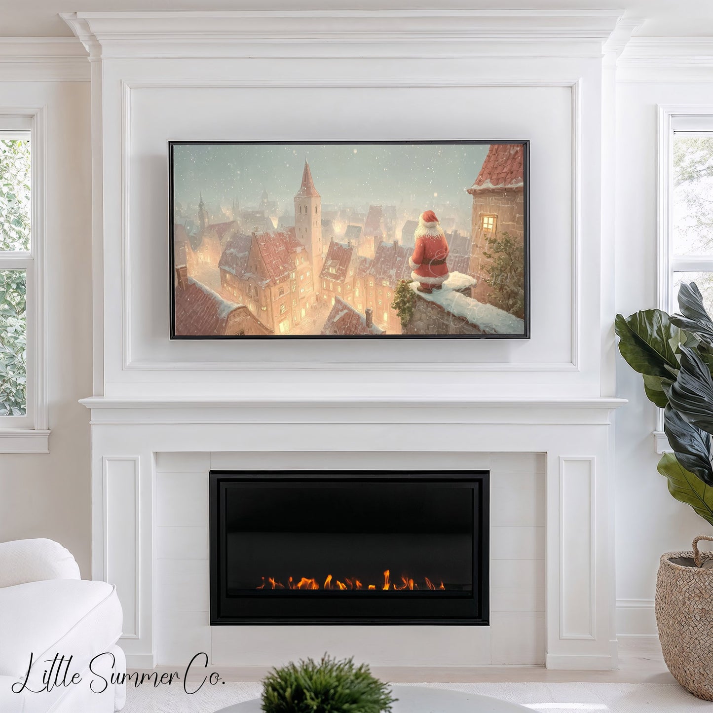 Santa Over Snowy Town Frame TV Art displayed on a TV
