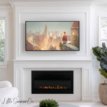 Santa Over Snowy Town Frame TV Art displayed on a TV