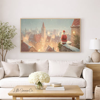 Santa Over Snowy Town Frame TV Art displayed on a TV