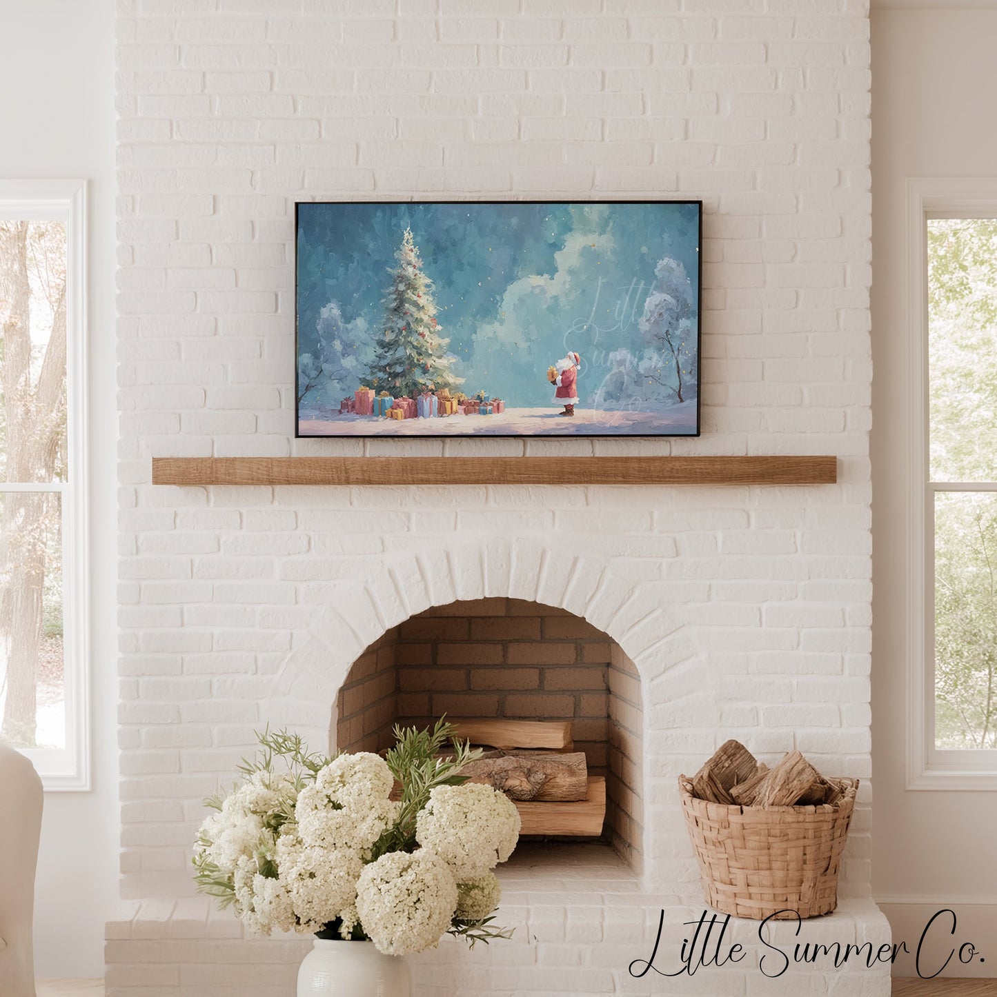 Santa and Christmas Tree Frame TV Art displayed on a TV