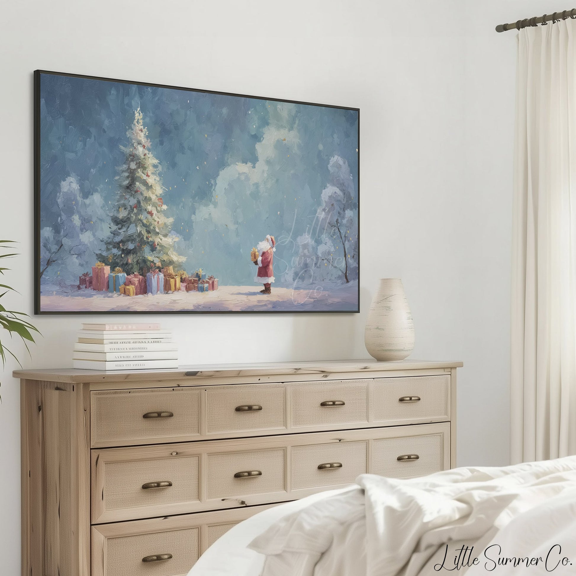 Santa and Christmas Tree Frame TV Art displayed on a TV
