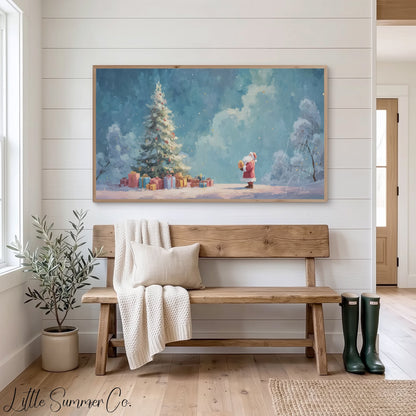 Santa and Christmas Tree Frame TV Art displayed on a TV