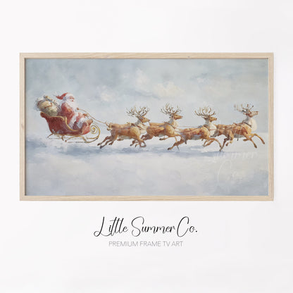 Santa's Sleigh and Reindeer Frame TV Art displayed on a TV