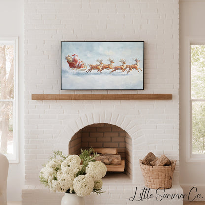 Santa's Sleigh and Reindeer Frame TV Art displayed on a TV