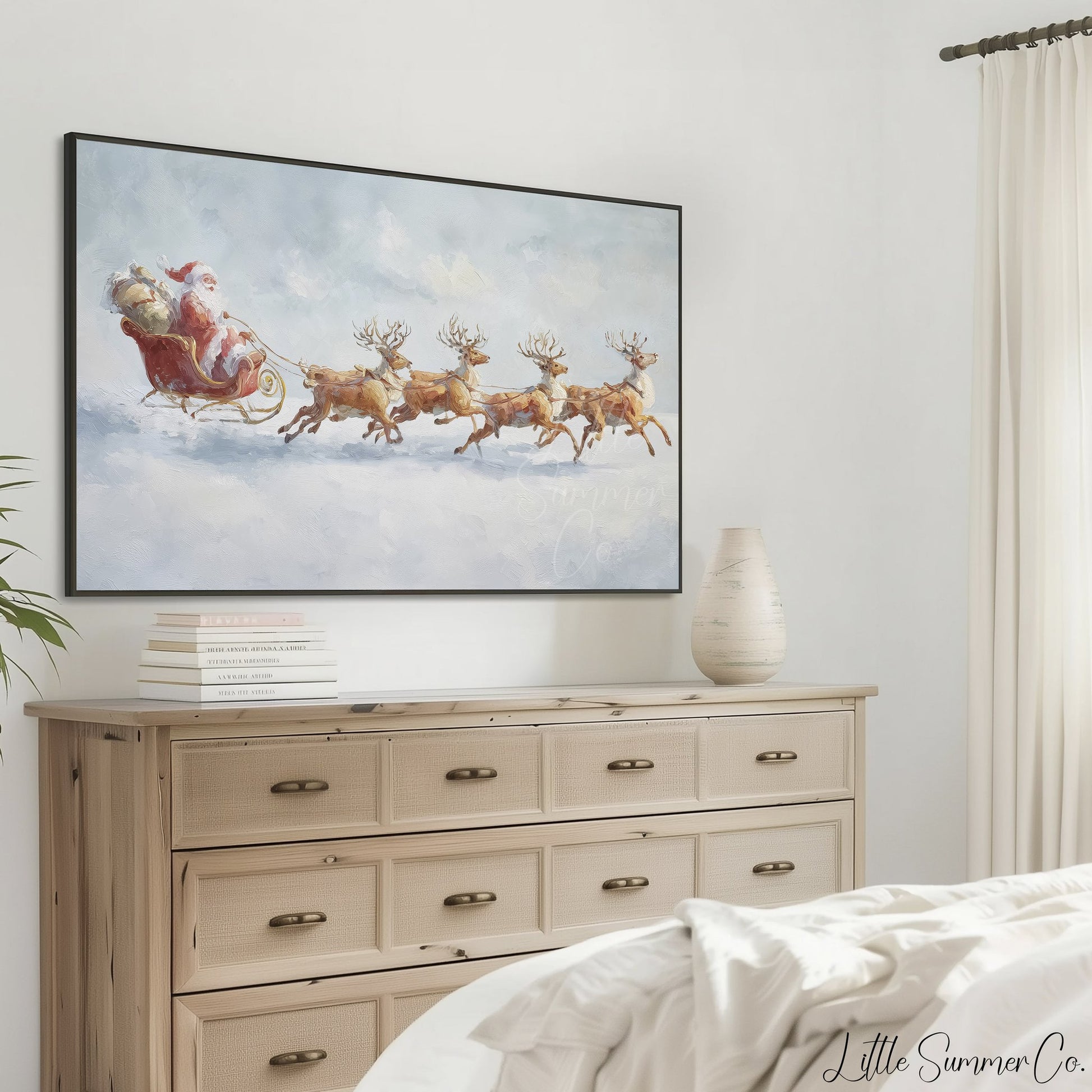 Santa's Sleigh and Reindeer Frame TV Art displayed on a TV