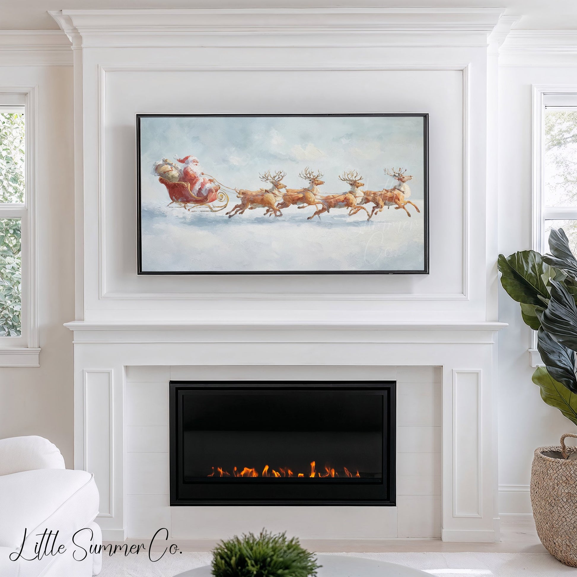 Santa's Sleigh and Reindeer Frame TV Art displayed on a TV