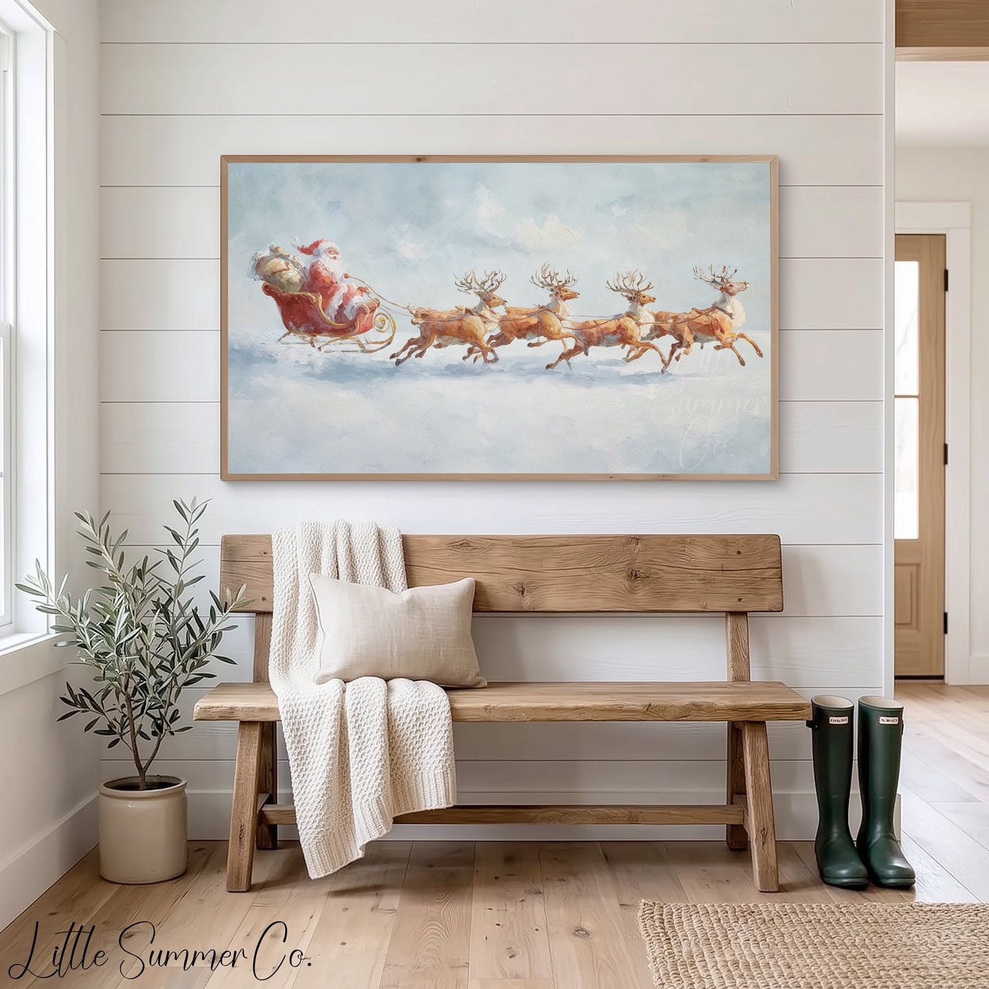 Santa's Sleigh and Reindeer Frame TV Art displayed on a TV