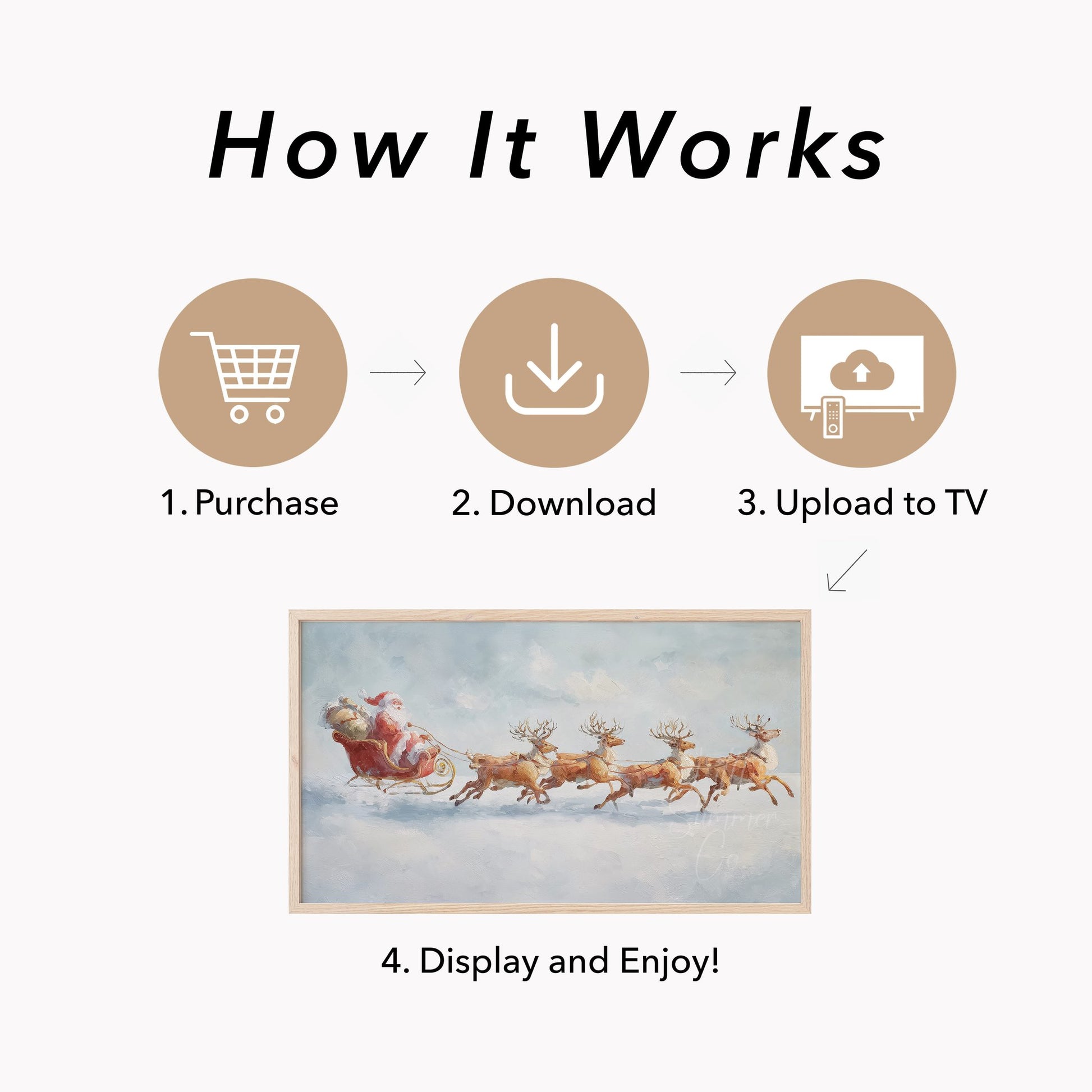 Santa's Sleigh and Reindeer Frame TV Art displayed on a TV