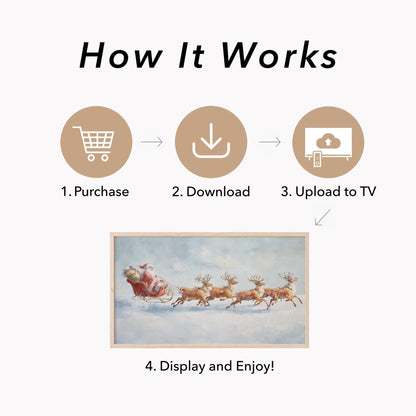 Santa's Sleigh and Reindeer Frame TV Art displayed on a TV