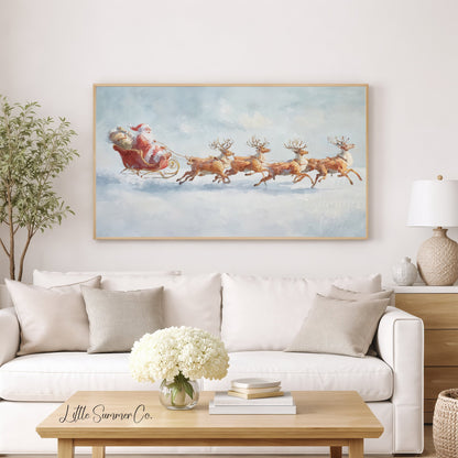 Santa's Sleigh and Reindeer Frame TV Art displayed on a TV