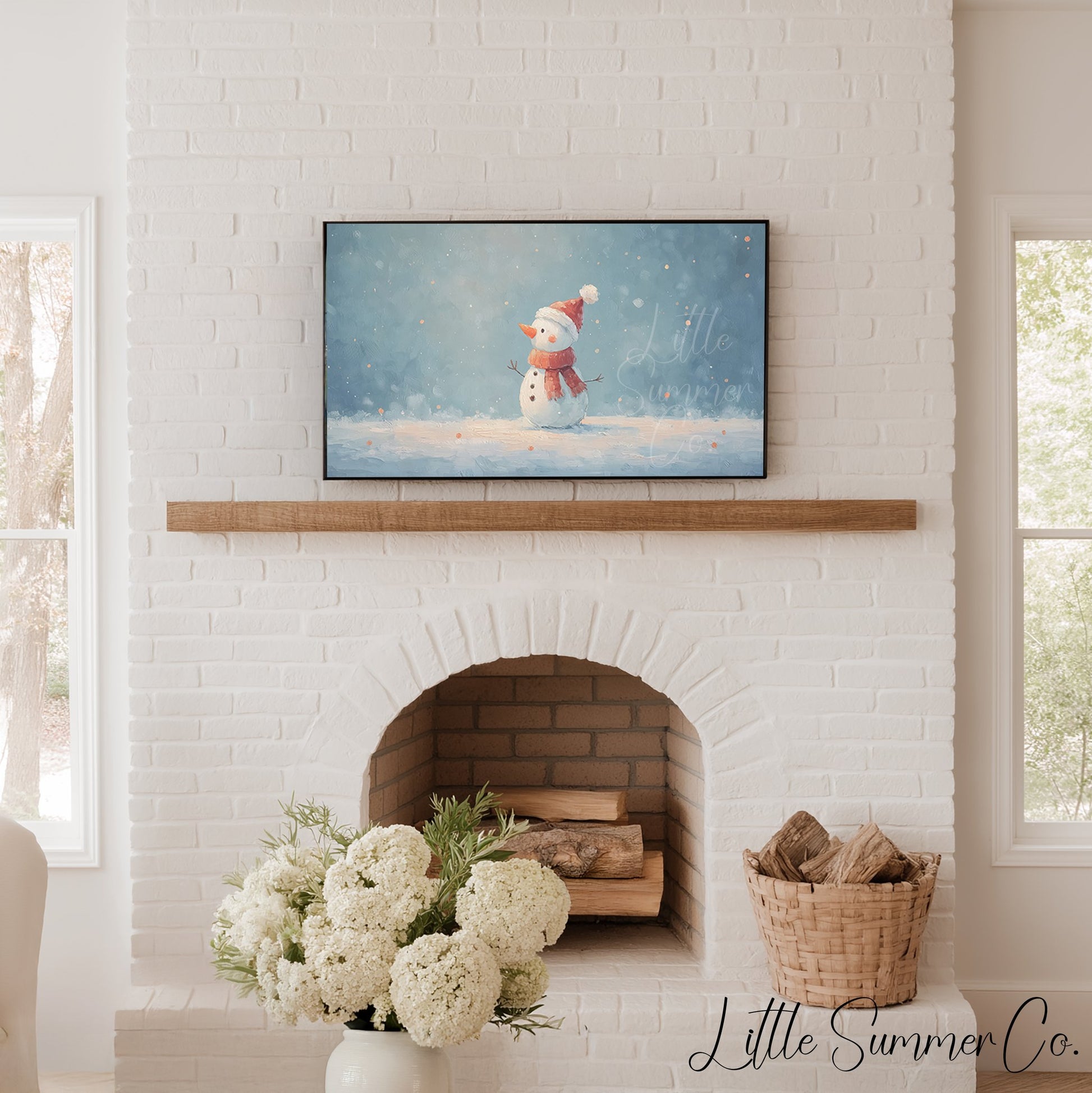 Snowman in the Snow Frame TV Art displayed on a TV