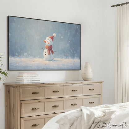 Snowman in the Snow Frame TV Art displayed on a TV