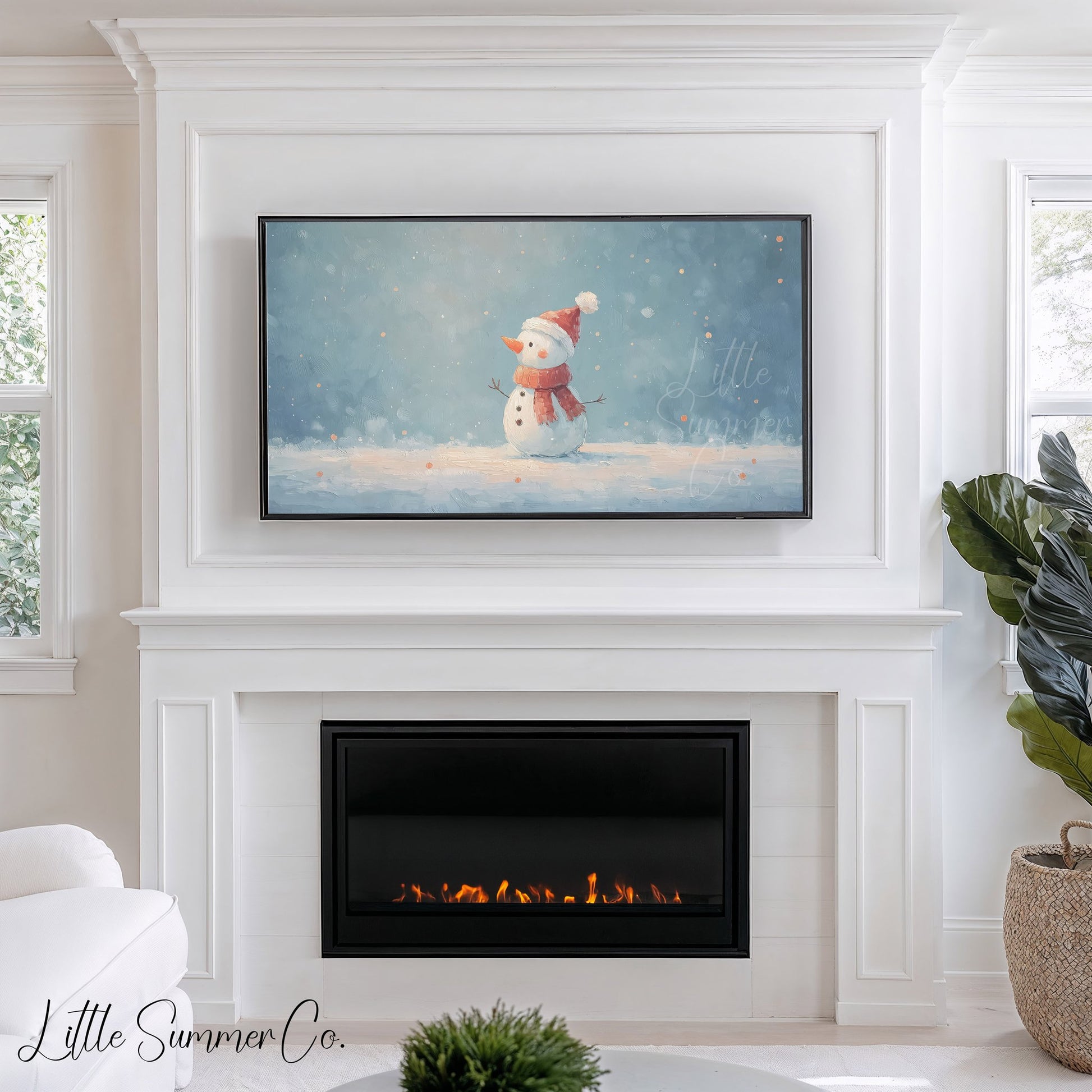 Snowman in the Snow Frame TV Art displayed on a TV
