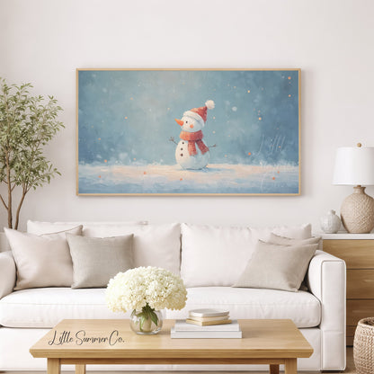 Snowman in the Snow Frame TV Art displayed on a TV