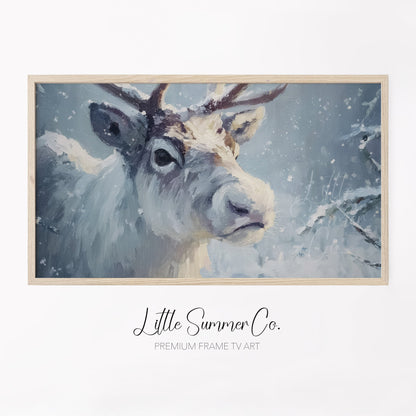 Reindeer in Snowstorm Frame TV Art displayed on a TV