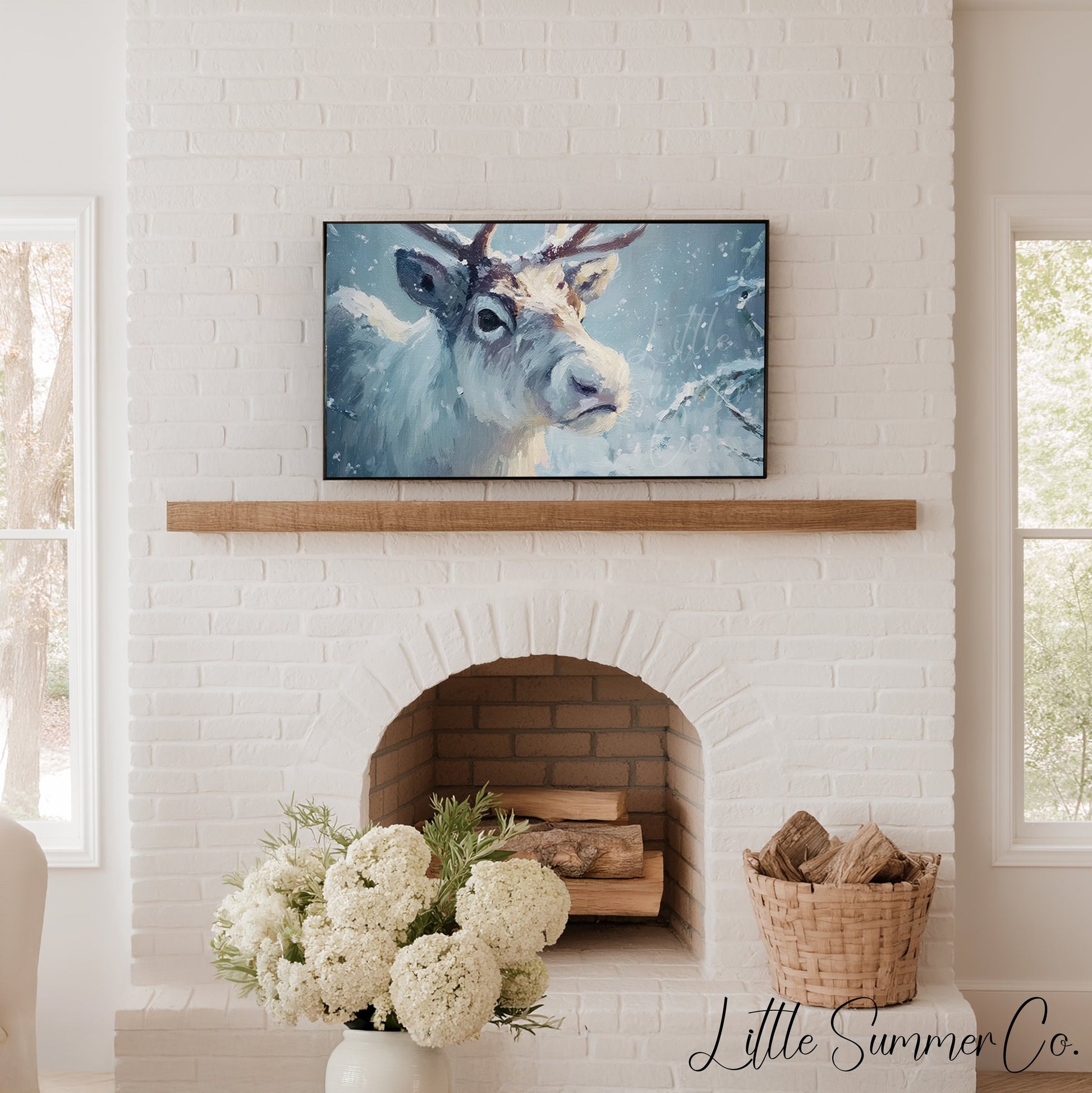 Reindeer in Snowstorm Frame TV Art displayed on a TV