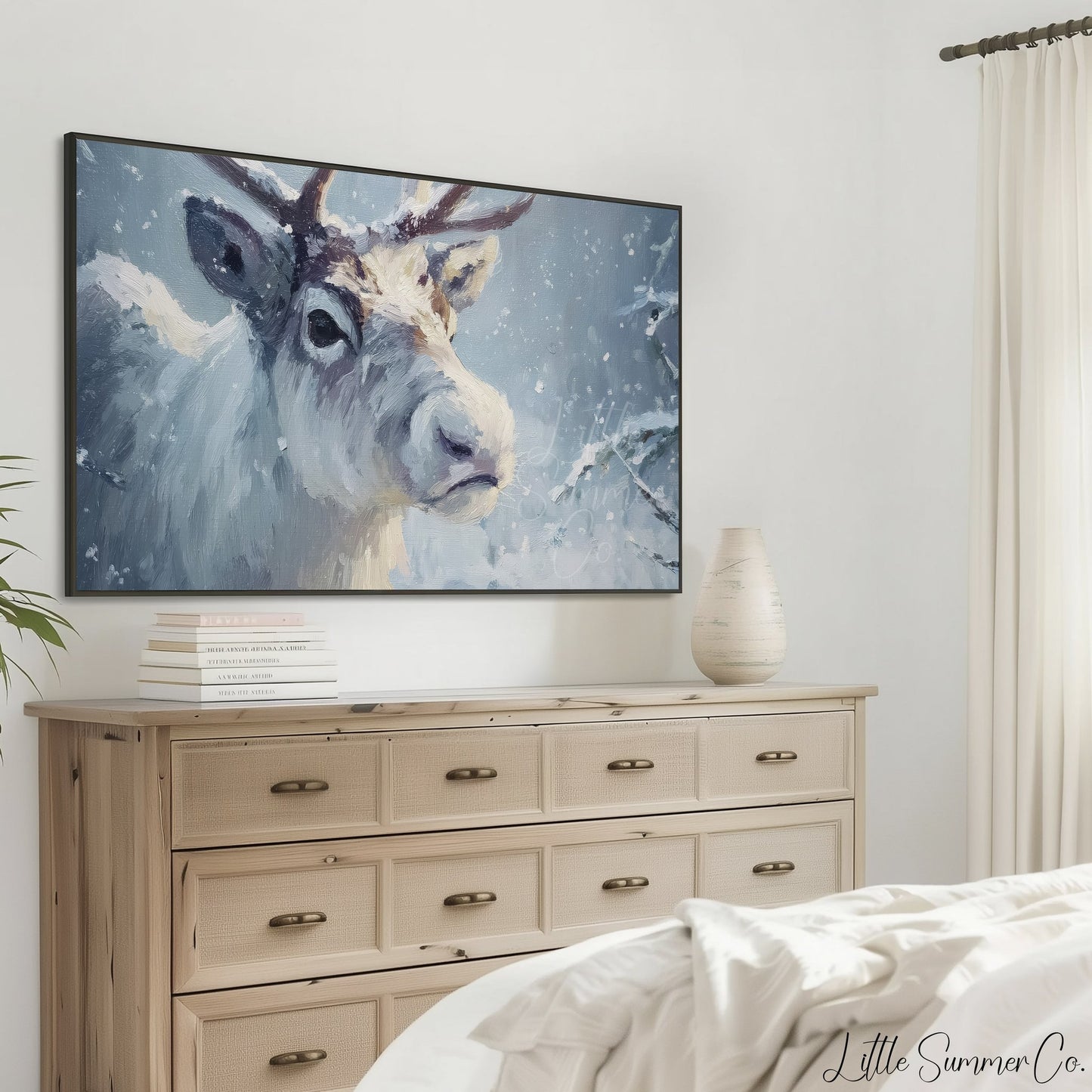 Reindeer in Snowstorm Frame TV Art displayed on a TV