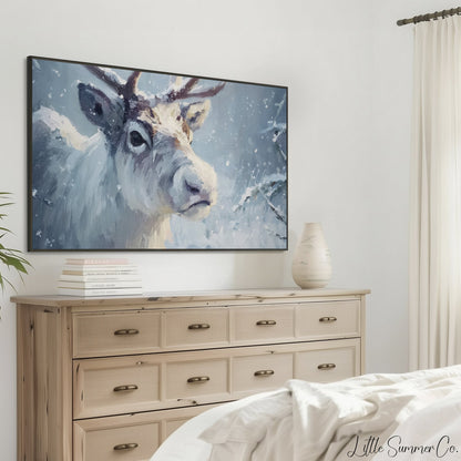 Reindeer in Snowstorm Frame TV Art displayed on a TV