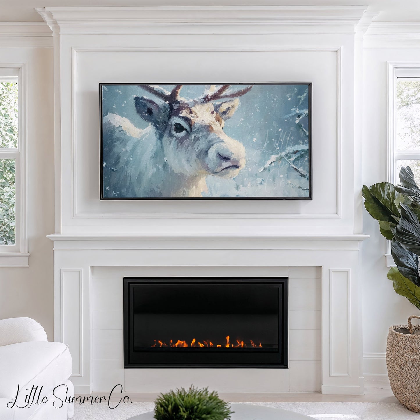 Reindeer in Snowstorm Frame TV Art displayed on a TV