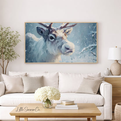 Reindeer in Snowstorm Frame TV Art displayed on a TV