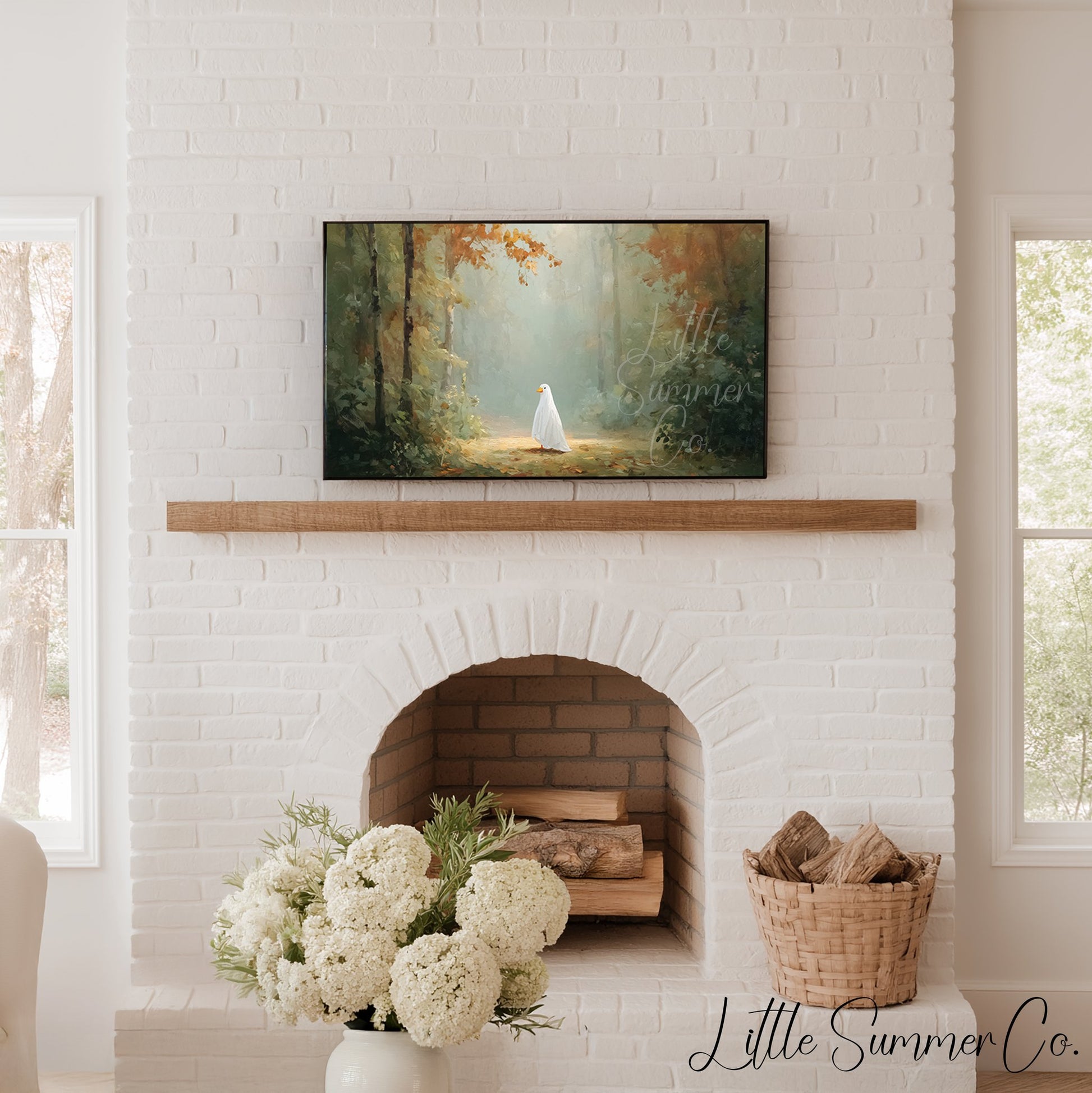 Ghost Duck in Autumn Forest Frame TV Art displayed on a TV