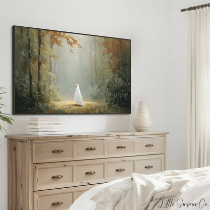 Ghost Duck in Autumn Forest Frame TV Art displayed on a TV