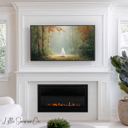 Ghost Duck in Autumn Forest Frame TV Art displayed on a TV