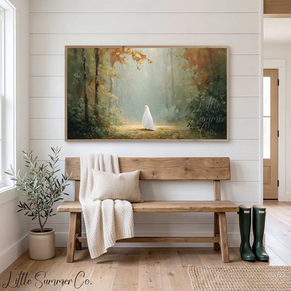 Ghost Duck in Autumn Forest Frame TV Art displayed on a TV