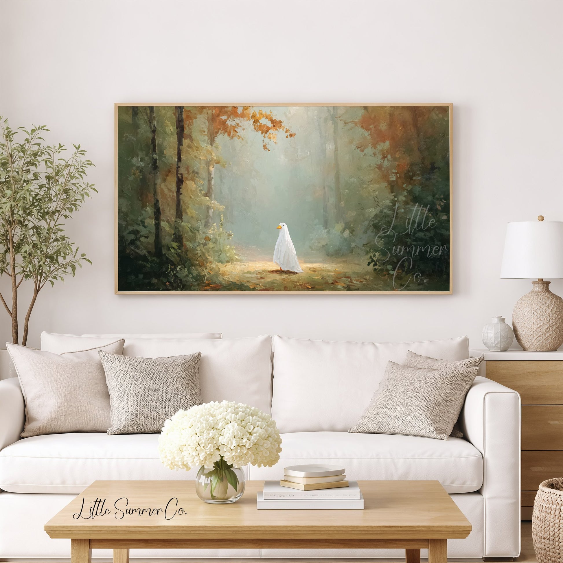 Ghost Duck in Autumn Forest Frame TV Art displayed on a TV