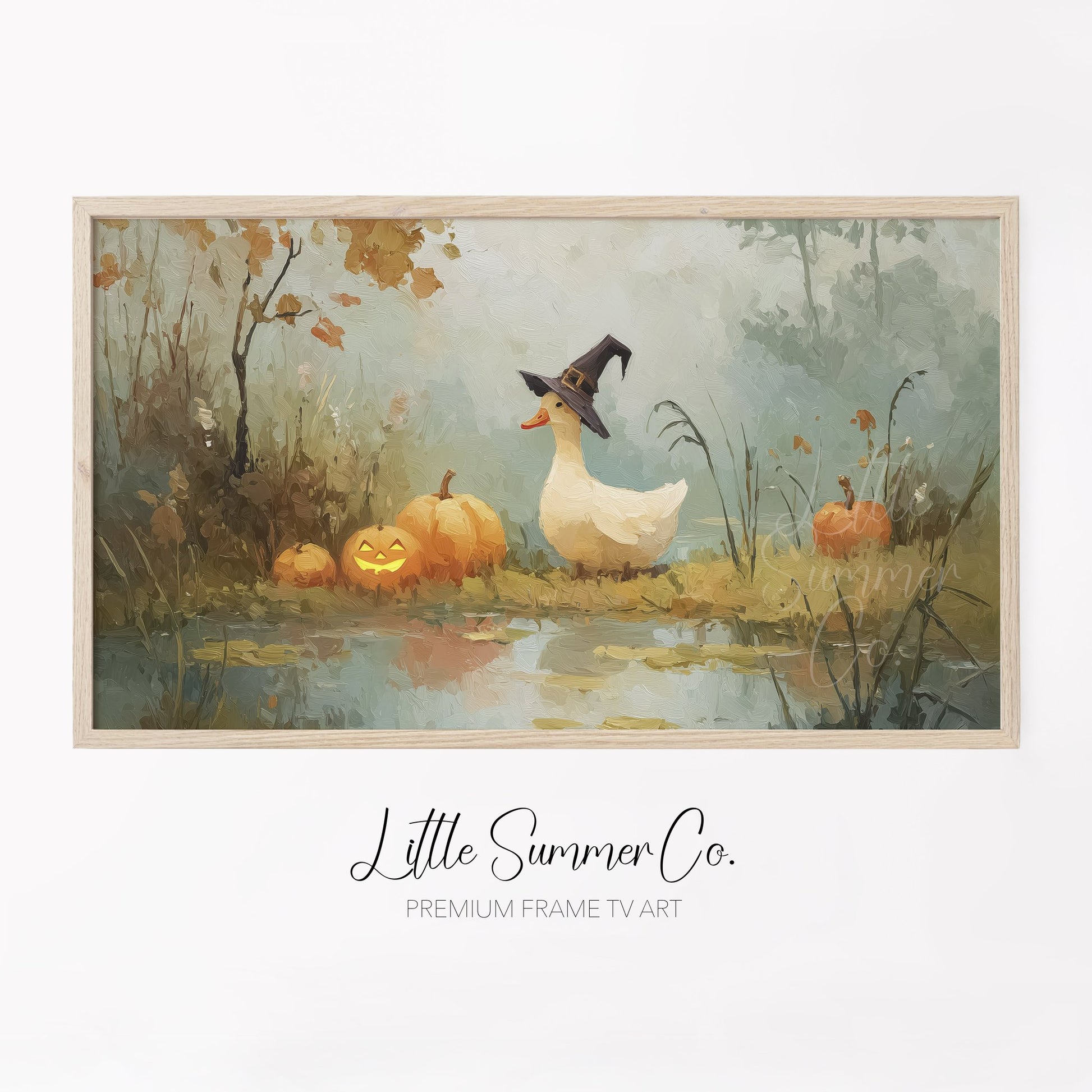 Duck with Jack-O-Lanterns Frame TV Art displayed on a TV
